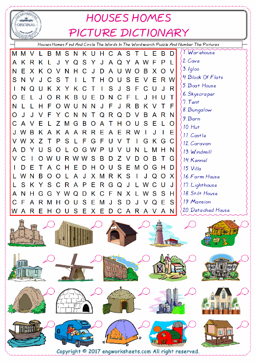  ESL wordsearch worksheets for kids, find Houses Homes words in the word wordsearch write its number on its picture English worksheet. 